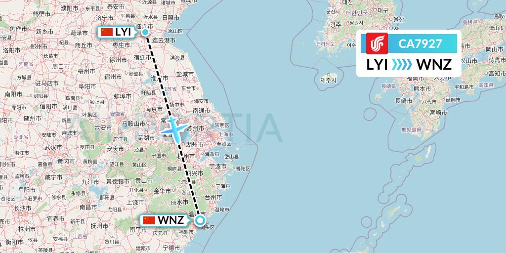 CA7927 Air China Flight Map: Linyi to Wenzhou