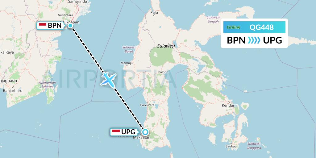 QG448 Citilink Flight Map: Balikpapan to Makassar