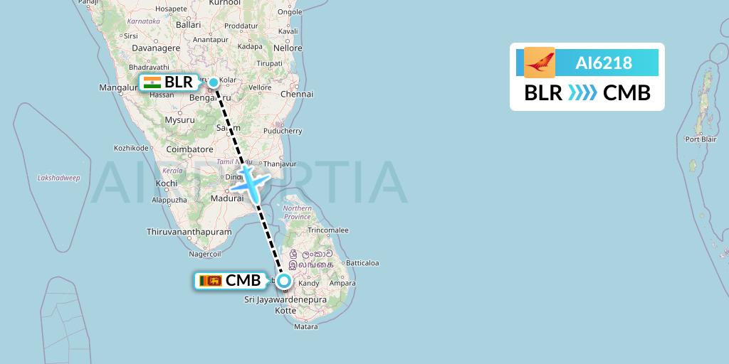 AI6218 Air India Flight Map: Bangalore to Colombo