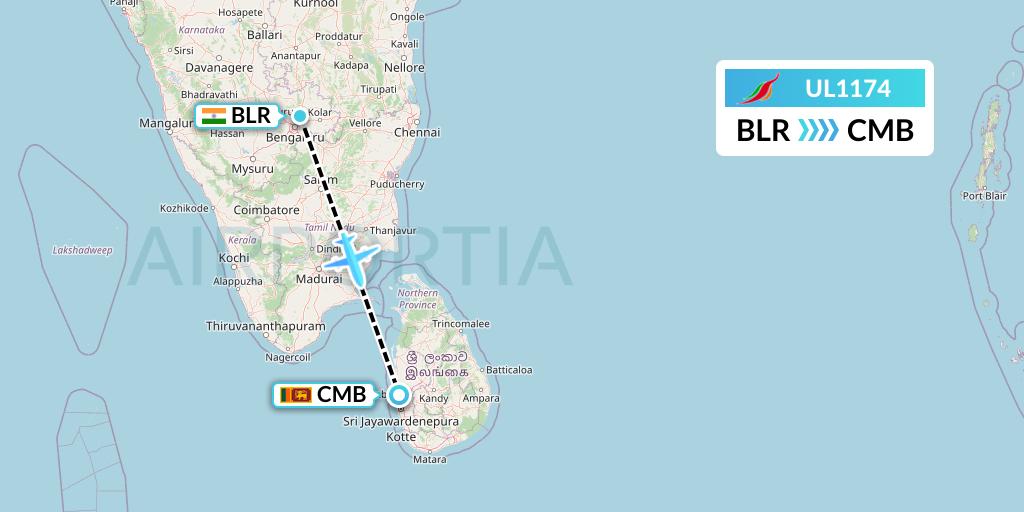 UL1174 SriLankan Airlines Flight Map: Bangalore to Colombo
