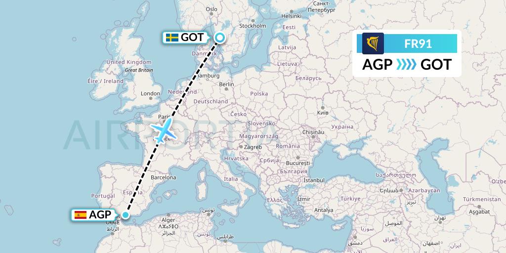 FR91 Ryanair Flight Map: Malaga to Gothenburg