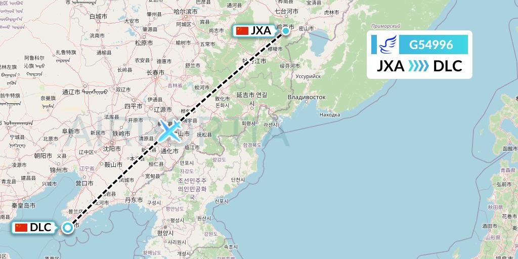 G54996 China Express Airlines Flight Map: Jixi to Dalian