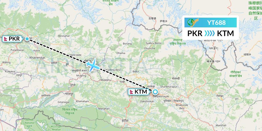 YT688 Yeti Airlines Flight Map: Pokhara to Kathmandu