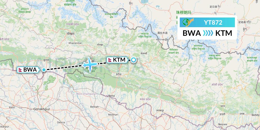 YT872 Yeti Airlines Flight Map: Bhairawa to Kathmandu