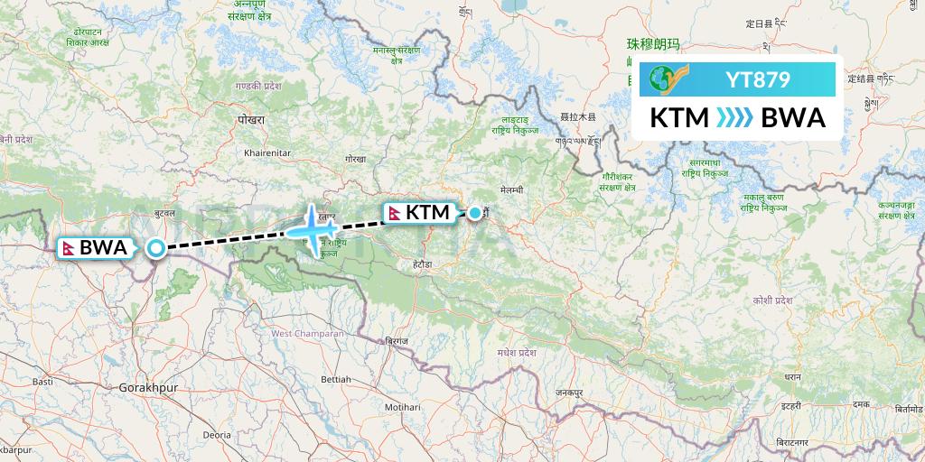 YT879 Yeti Airlines Flight Map: Kathmandu to Bhairawa