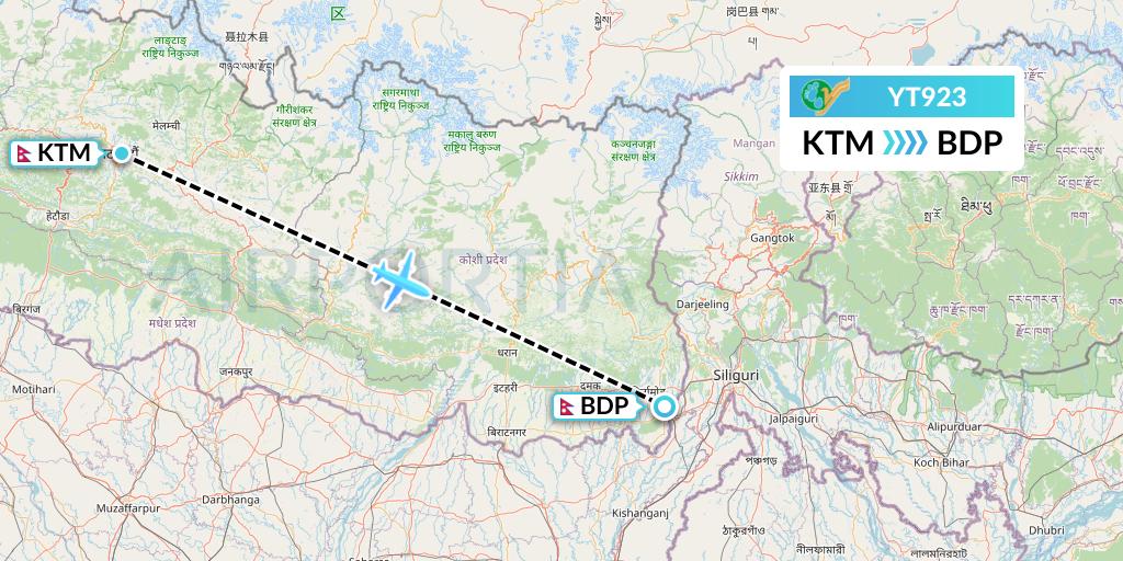 YT923 Yeti Airlines Flight Map: Kathmandu to Bhadrapur