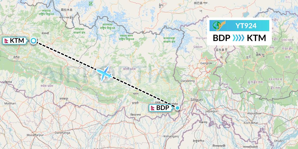 YT924 Yeti Airlines Flight Map: Bhadrapur to Kathmandu
