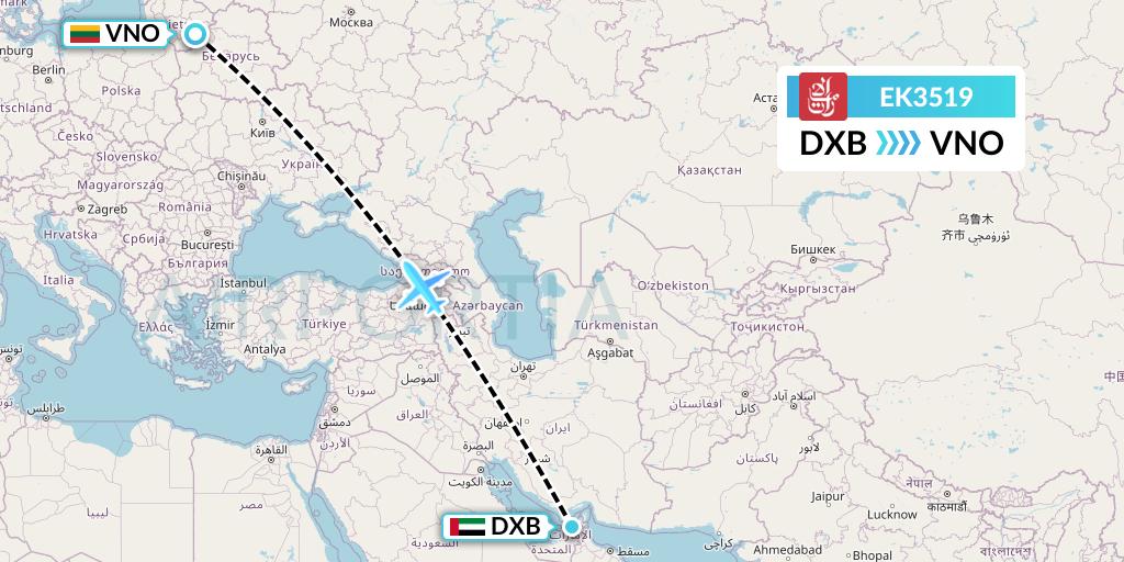 EK3519 Emirates Flight Map: Dubai to Vilnius