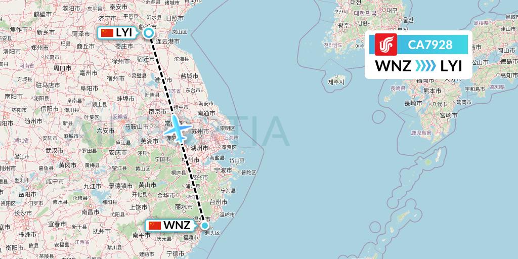 CA7928 Air China Flight Map: Wenzhou to Linyi