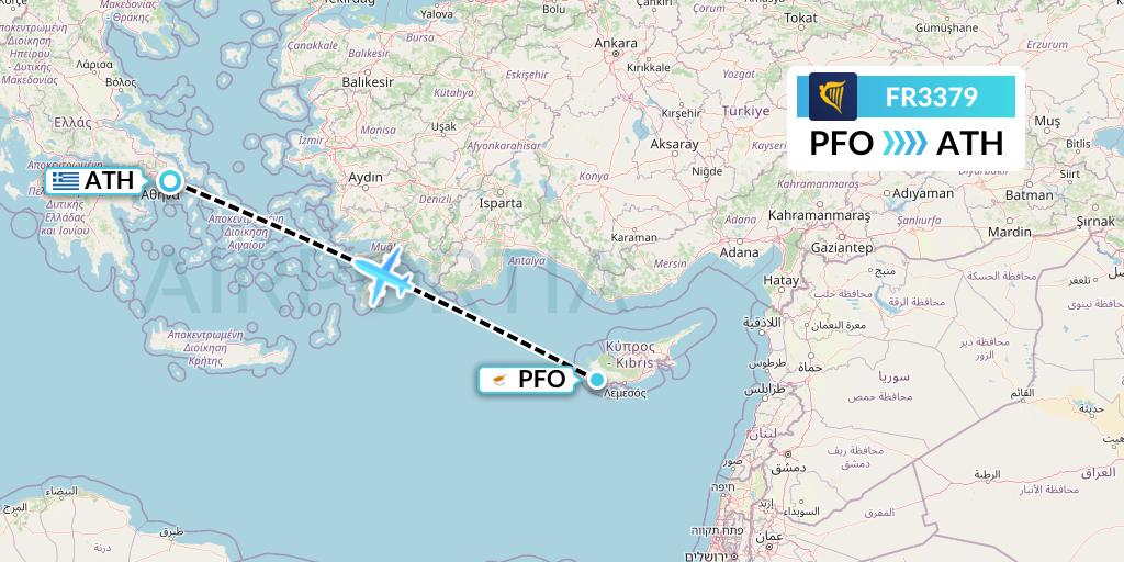 FR3379 Ryanair Flight Map: Pafos to Athens