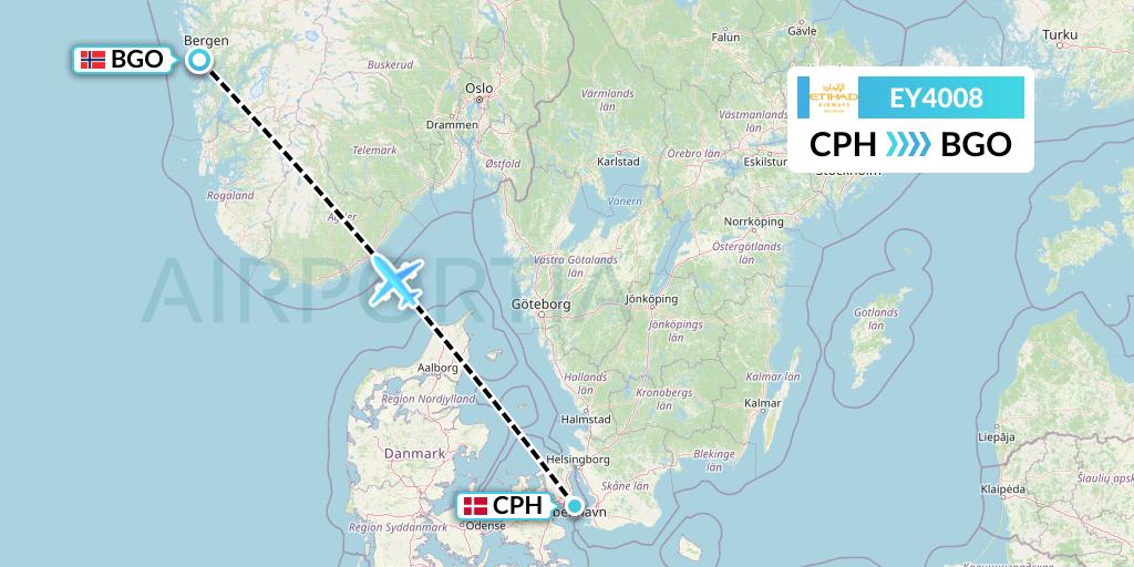 EY4008 Etihad Airways Flight Map: Copenhagen to Bergen