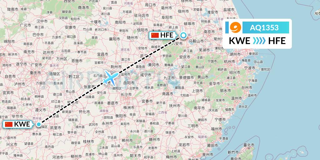 AQ1353 9 Air Flight Map: Guiyang to Hefei