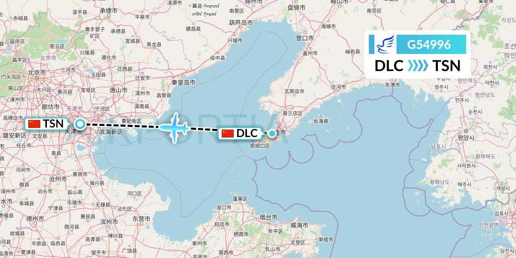 G54996 China Express Airlines Flight Map: Dalian to Tianjin