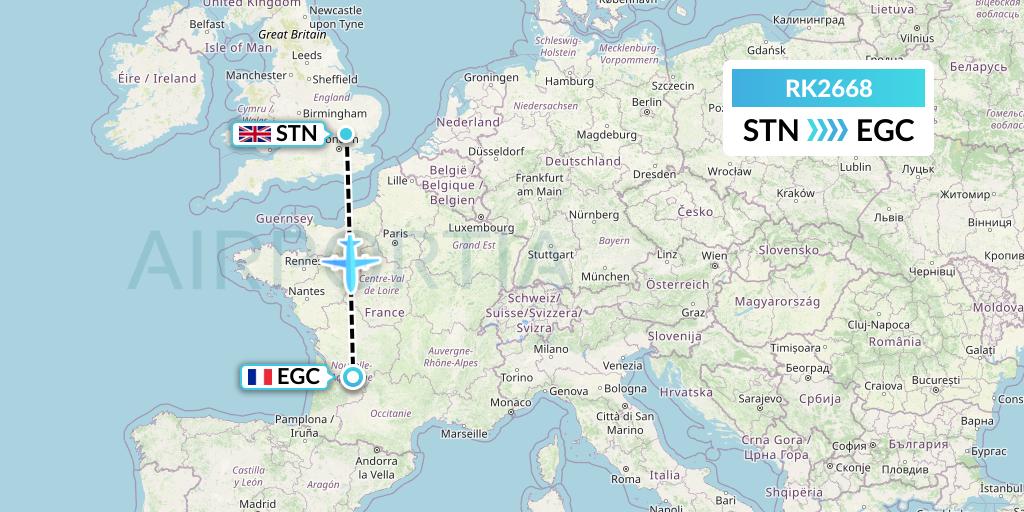 RK2668 Ryanair UK Flight Map: London to Bergerac