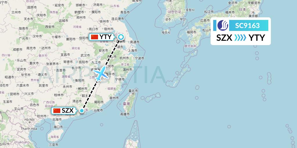 SC9163 Shandong Airlines Flight Map: Shenzhen to Yangzhou