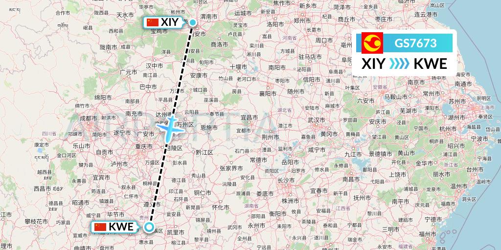 GS7673 Tianjin Airlines Flight Map: Xi'an to Guiyang