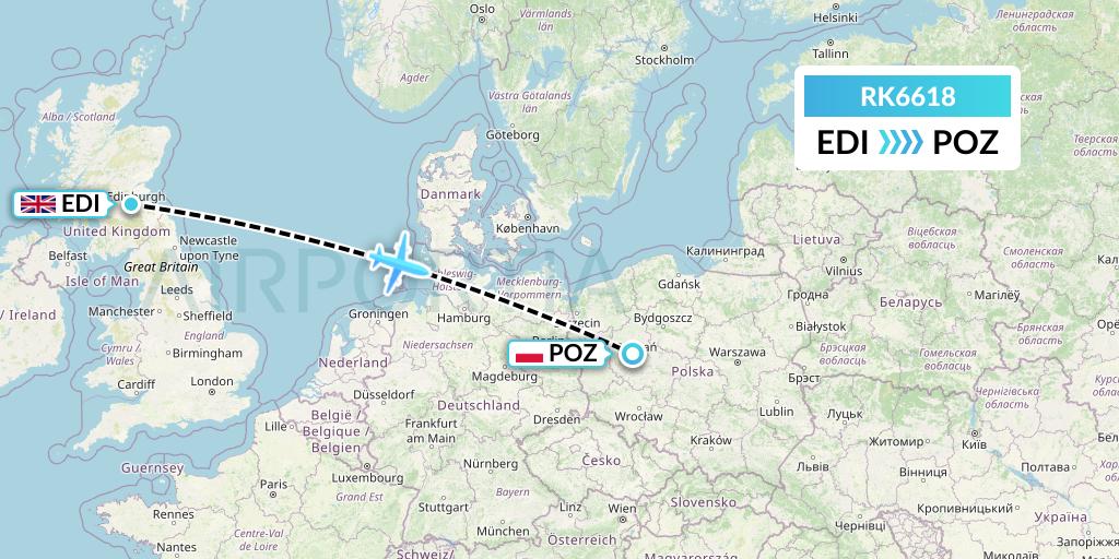 RK6618 Ryanair UK Flight Map: Edinburgh to Poznan