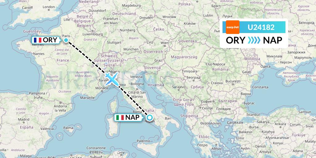 U24182 EasyJet Flight Map: Paris to Naples
