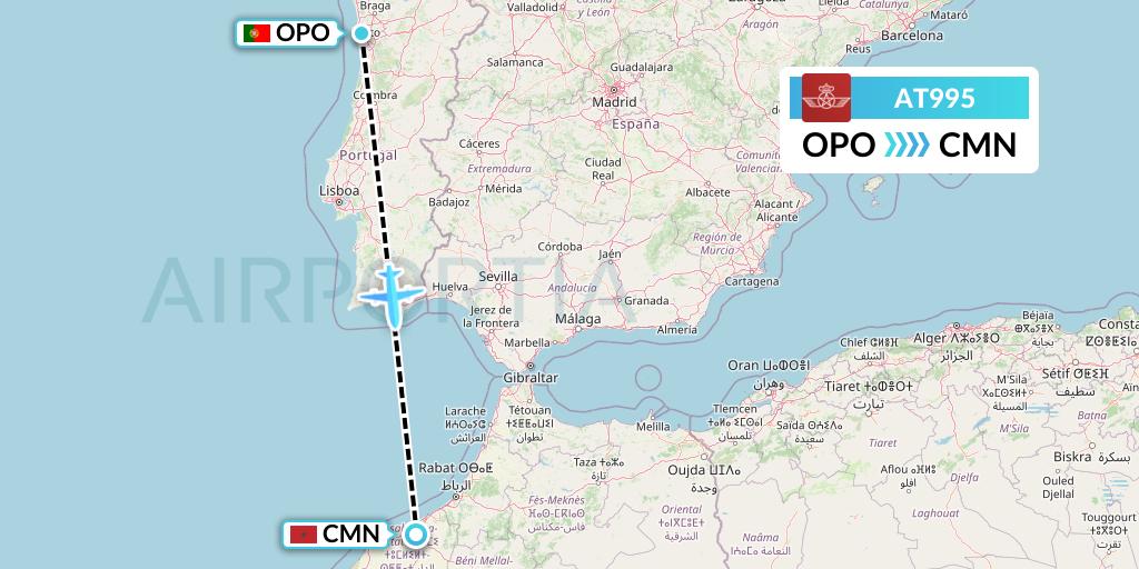 AT995 Royal Air Maroc Flight Map: Porto to Casablanca