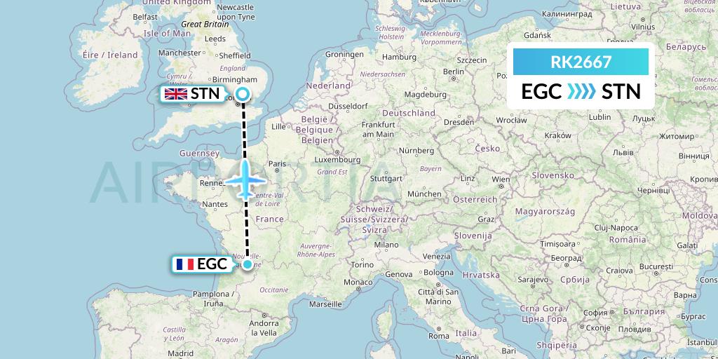 RK2667 Ryanair UK Flight Map: Bergerac to London