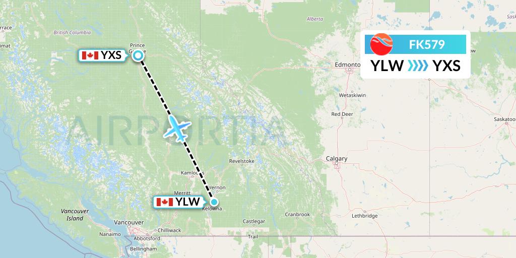 FK579 Kelowna Flightcraft Air Flight Map: Kelowna to Prince George