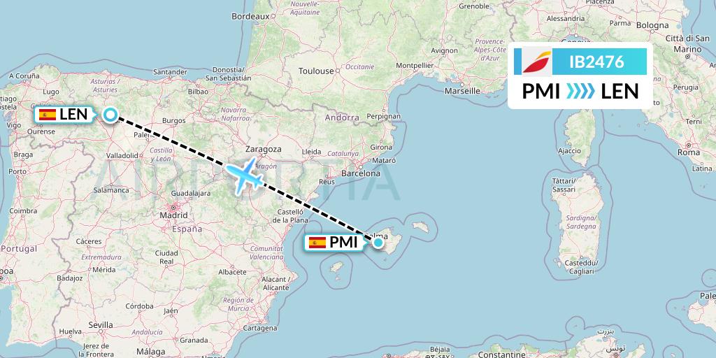IB2476 Iberia Flight Map: Palma de Mallorca to Leon