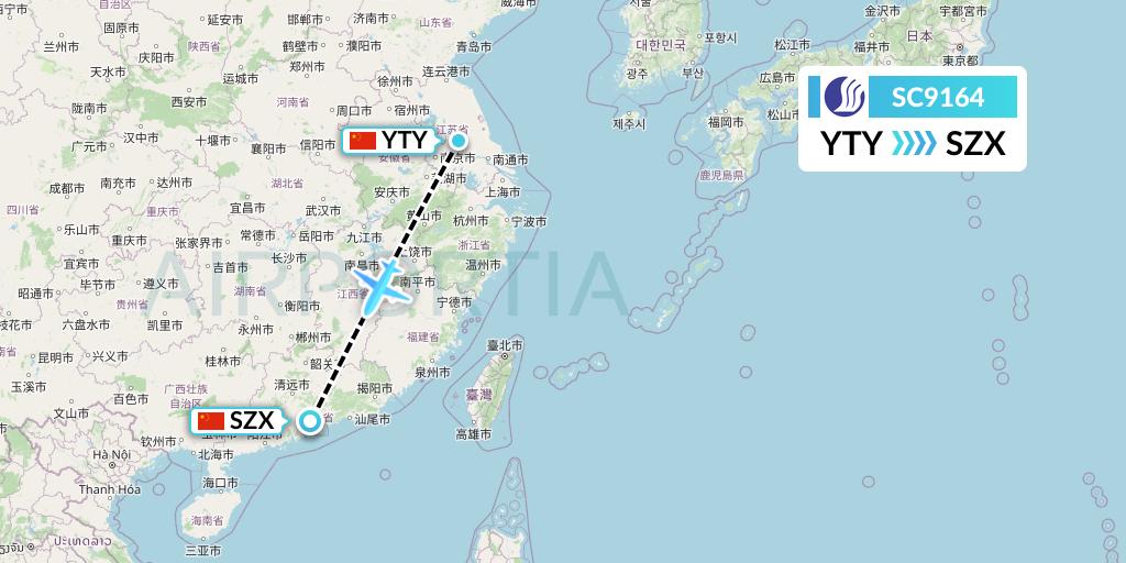 SC9164 Shandong Airlines Flight Map: Yangzhou to Shenzhen