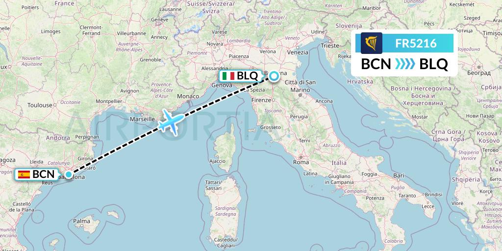 FR5216 Ryanair Flight Map: Barcelona to Bologna