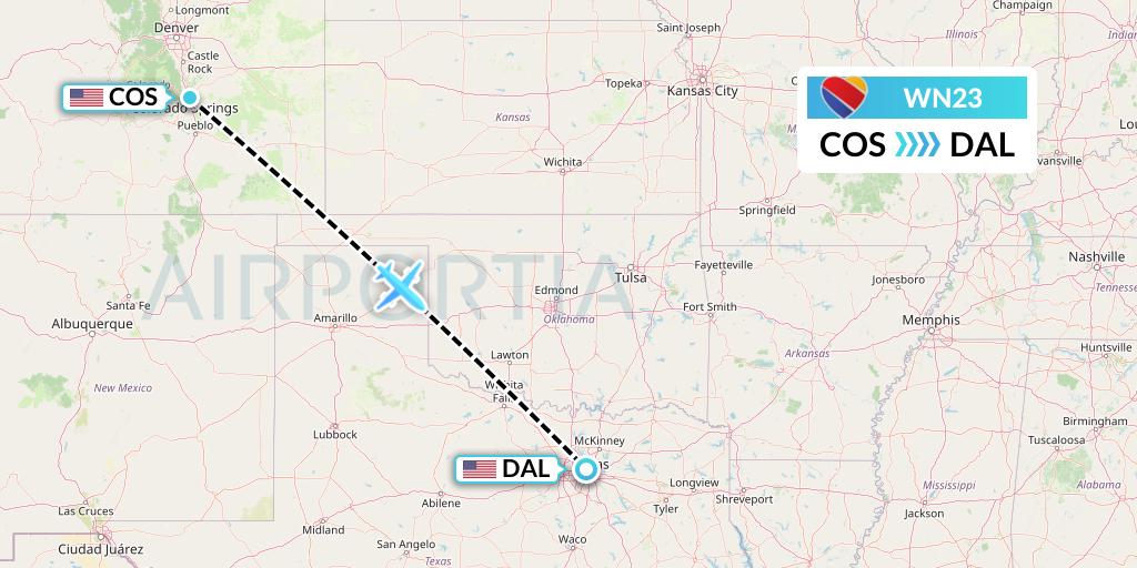 WN23 Southwest Airlines Flight Map: Colorado Springs to Dallas