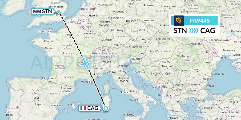 FR9445 Ryanair Flight Map: London to Cagliari