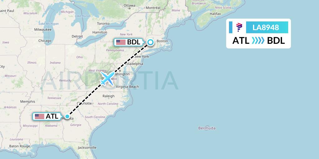 LA8948 LAN Airlines Flight Map: Atlanta to Windsor Locks