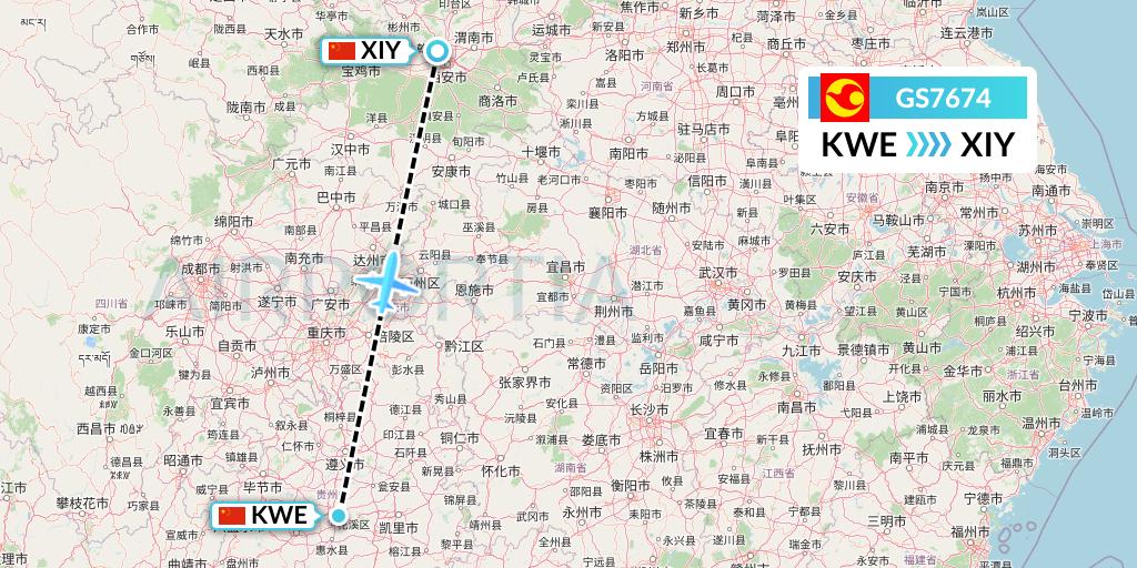 GS7674 Tianjin Airlines Flight Map: Guiyang to Xi'an