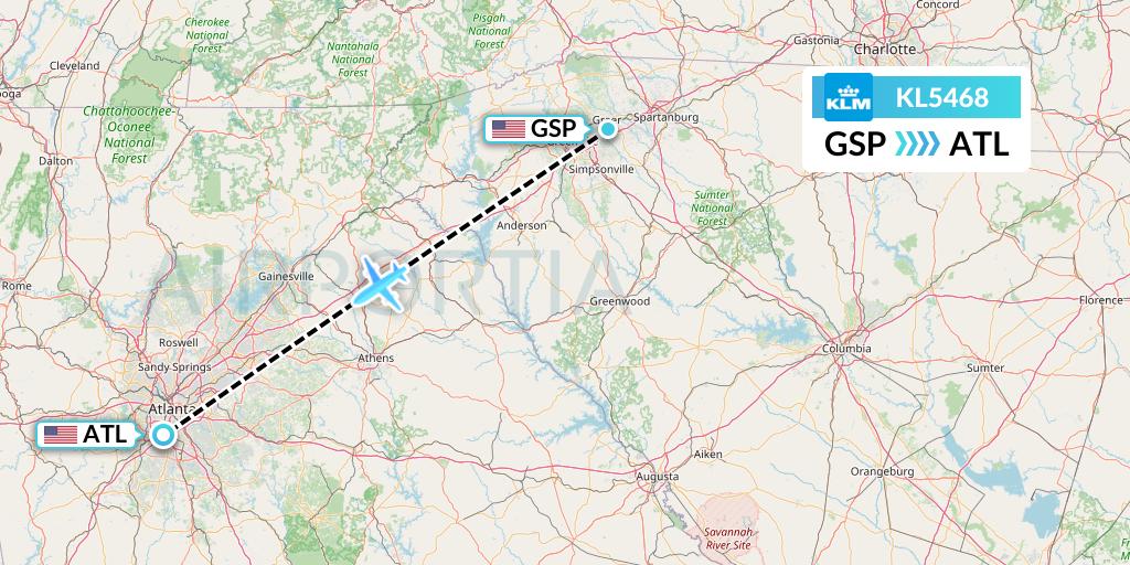 KL5468 KLM Flight Map: Greenville-Spartanburg to Atlanta