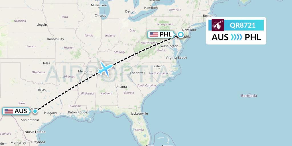 QR8721 Qatar Airways Flight Map: Austin to Philadelphia
