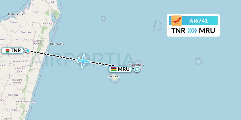 AI6741 Air India Flight Map: Antananarivo to Port Louis
