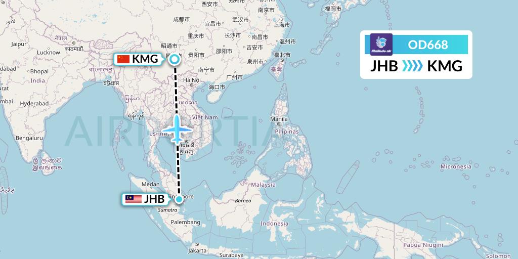 OD668 Batik Air Malaysia Flight Map: Johor Bahru to Kunming