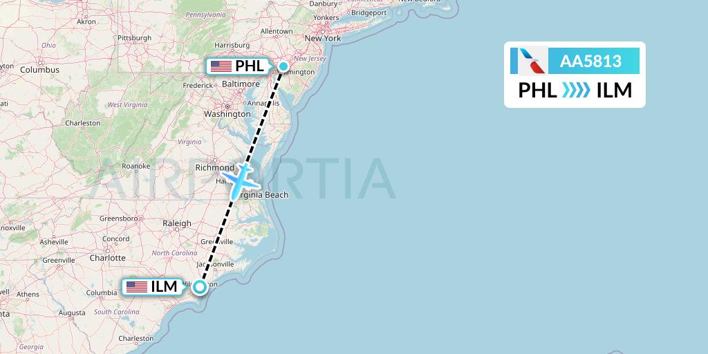 AA5813 American Airlines Flight Map: Philadelphia to Wilmington