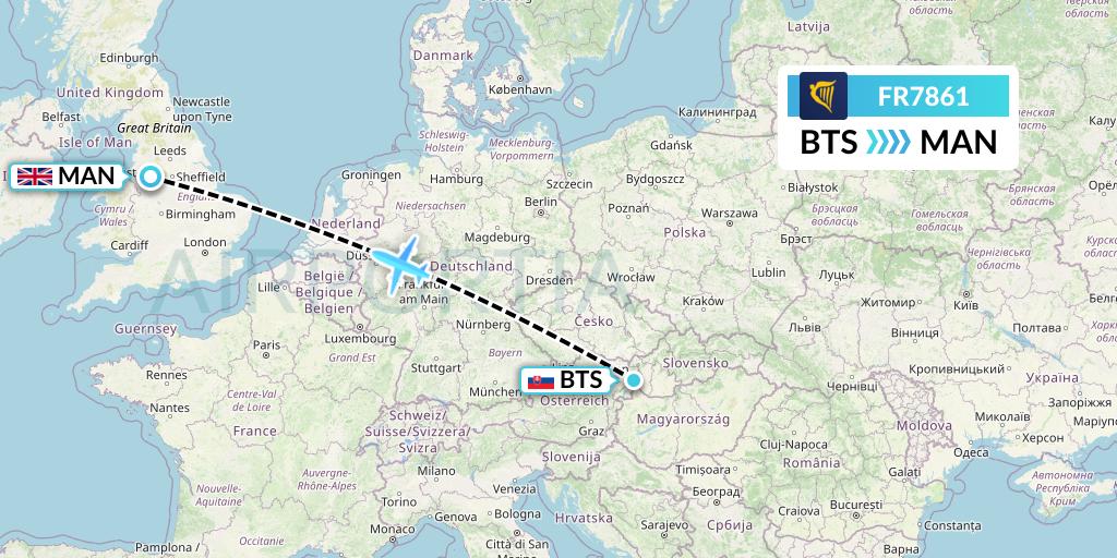 FR7861 Ryanair Flight Map: Bratislava to Manchester