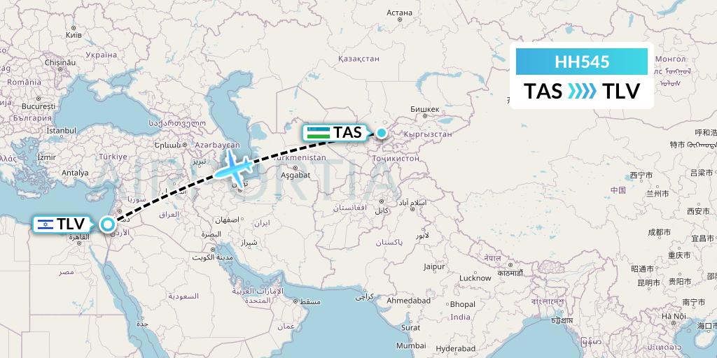 HH545 Qanot Sharq Flight Map: Tashkent to Tel Aviv