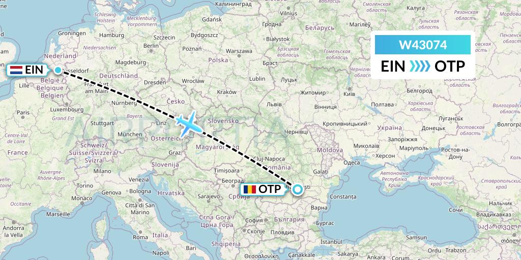 W43074 Wizz Air Malta Flight Map: Eindhoven to Bucharest