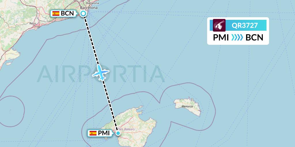 QR3727 Qatar Airways Flight Map: Palma de Mallorca to Barcelona