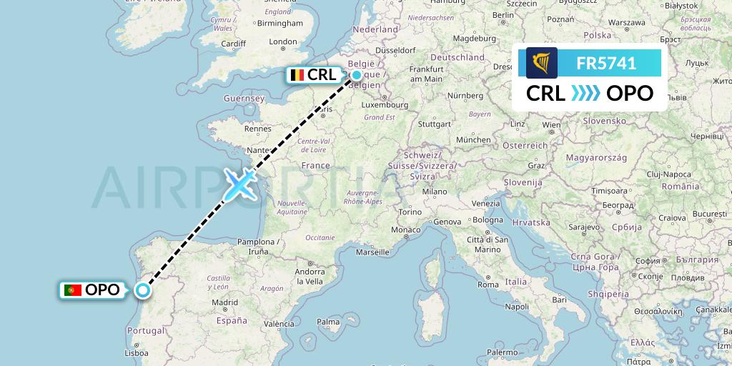 FR5741 Ryanair Flight Map: Brussels to Porto