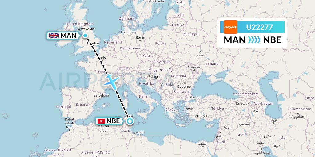 U22277 EasyJet Flight Map: Manchester to Enfidha
