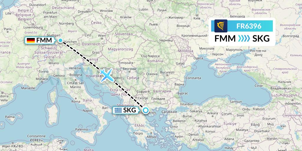FR6396 Ryanair Flight Map: Memmingen to Thessaloniki