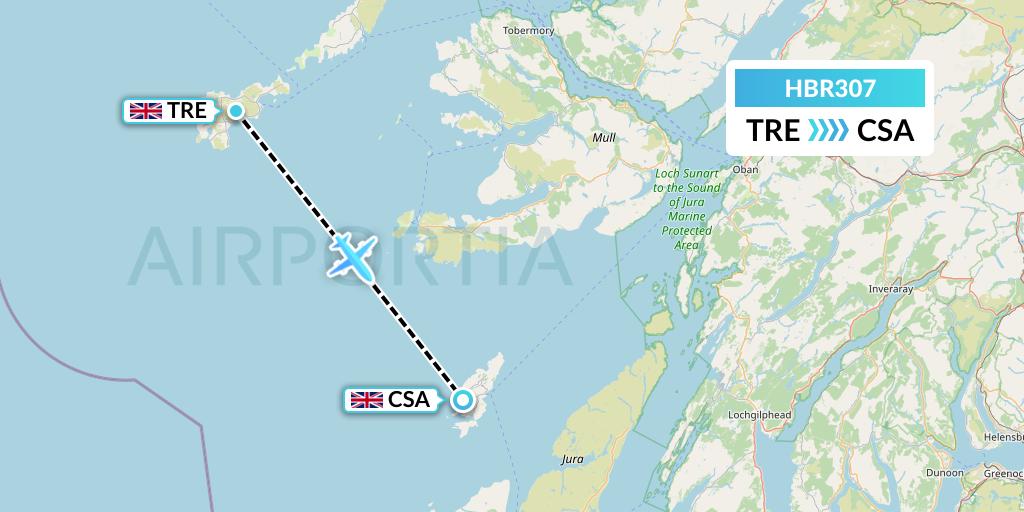 HBR307 Hebridean Air Services Flight Map: Tiree to Colonsay