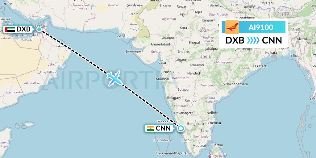 AI9100 Air India Flight Map: Dubai to Mattannur