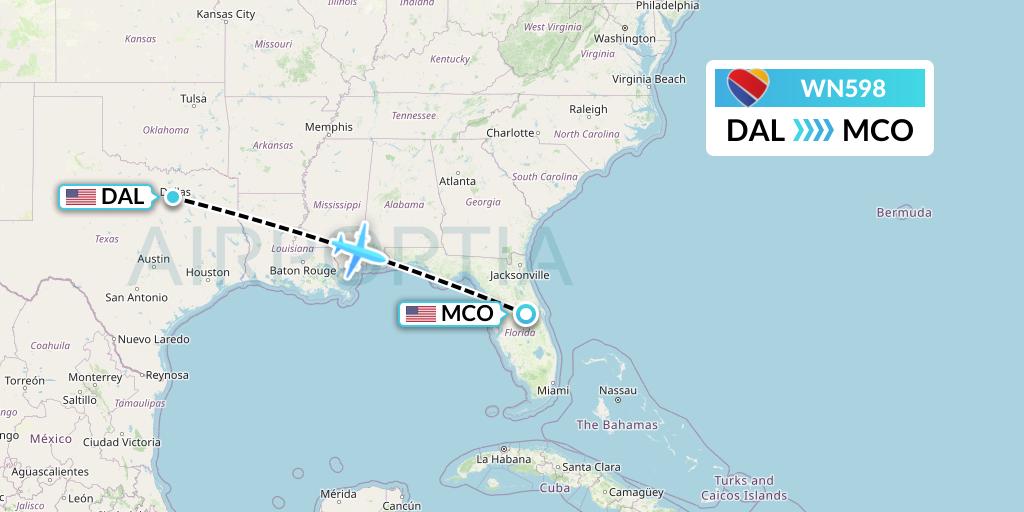 WN598 Southwest Airlines Flight Map: Dallas to Orlando