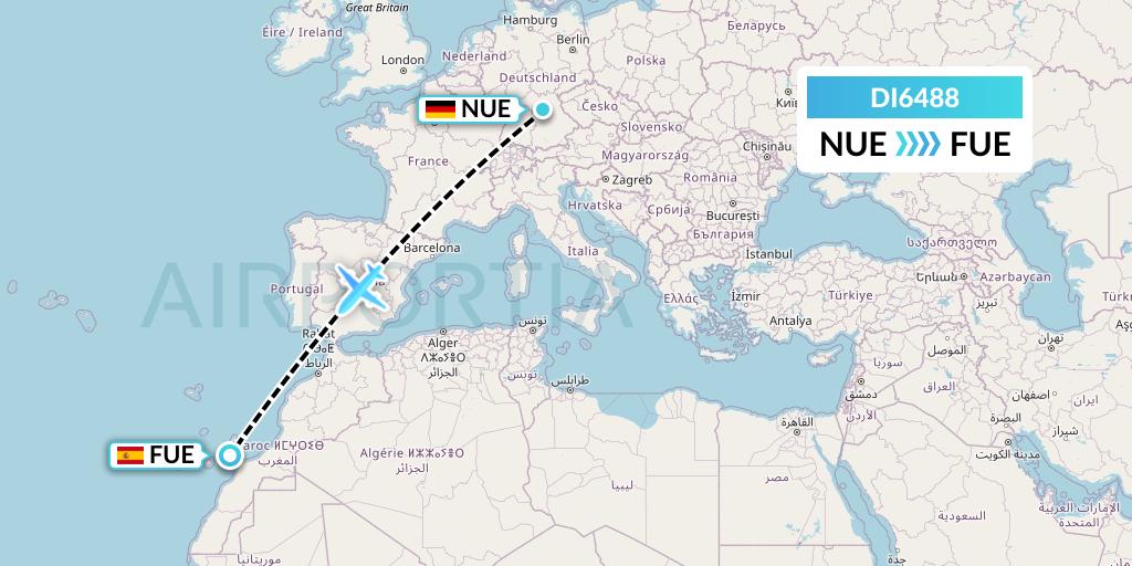 DI6488 Marabu Airlines Flight Map: Nurnberg to Fuerteventura