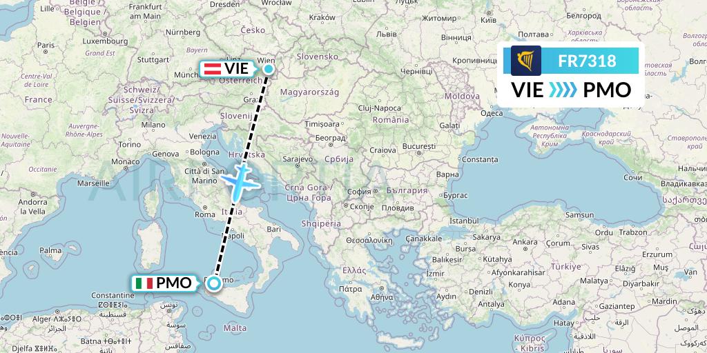 FR7318 Ryanair Flight Map: Vienna to Palermo