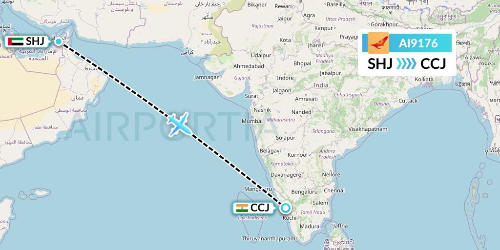 AI9176 Air India Flight Map: Sharjah to Kozhikode
